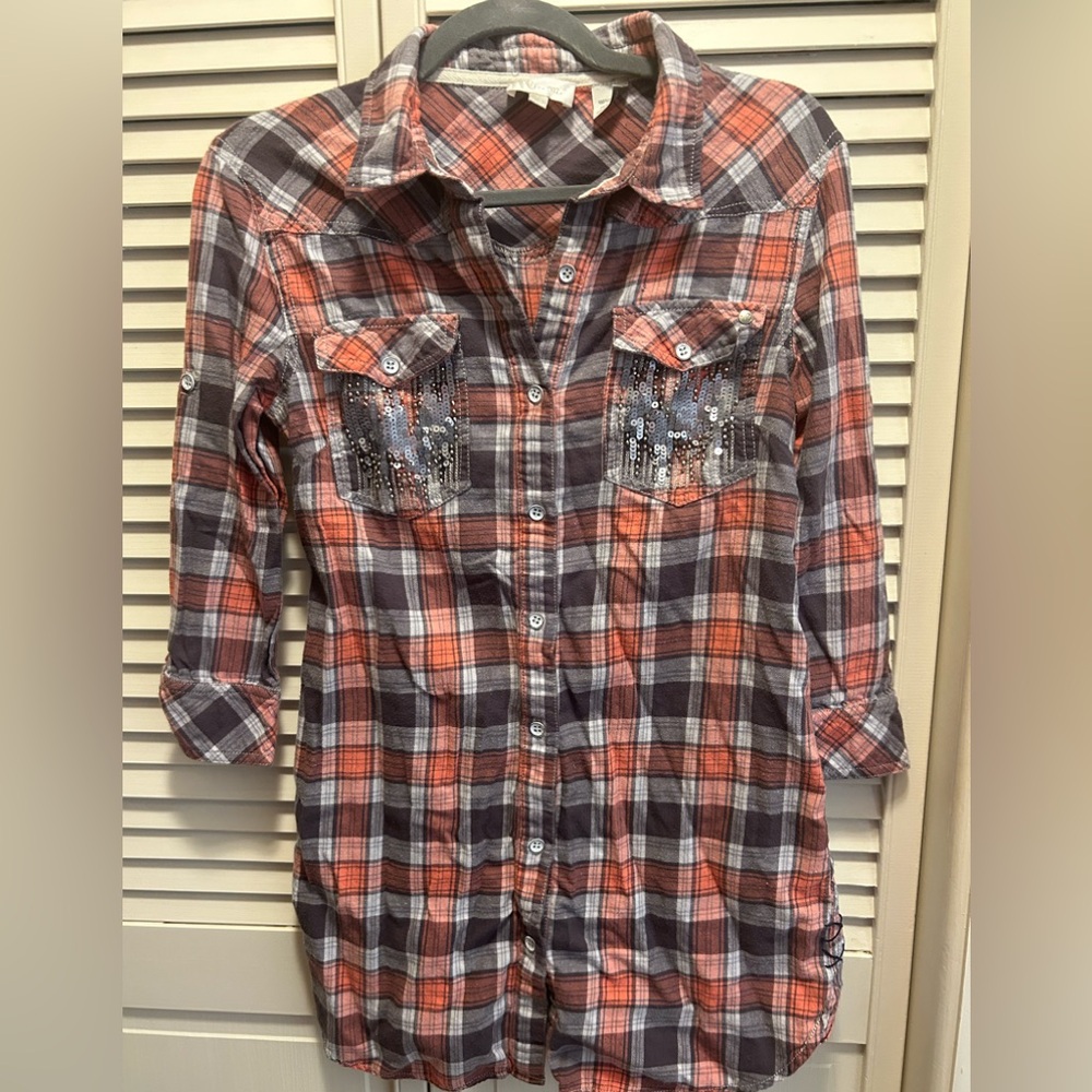Miss Me Orange and Gray Plaid Button-Down Shirt with Sequin Pockets
